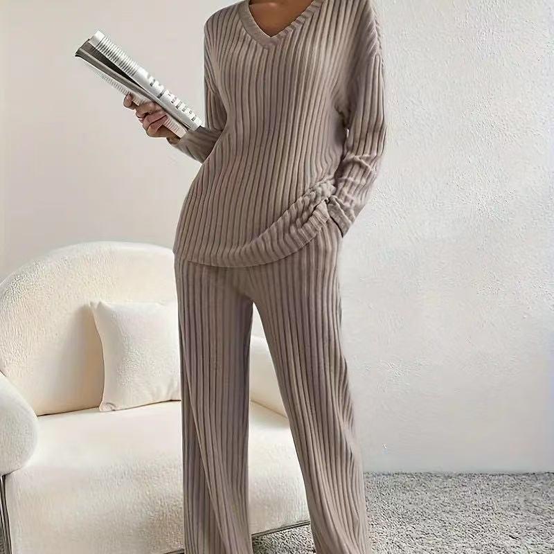 Women's Autumn 2025 Fashion: Rib-Knit V-Neck Set with Casual Straight-Leg Pants