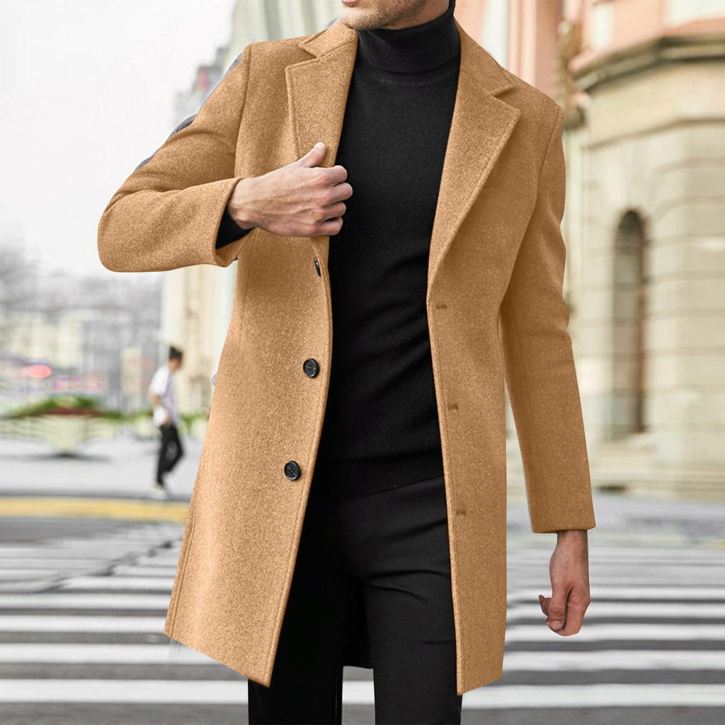 Men's Mid Length Trench Coat Trendy Business Single Breasted Wool Coat