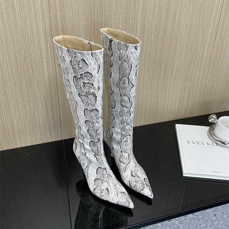 Fashion New Mixed Color Snake Patterned Side Zipper Knee High Boots Autumn Winter European American Fashion Pointed High-heel Long Boots