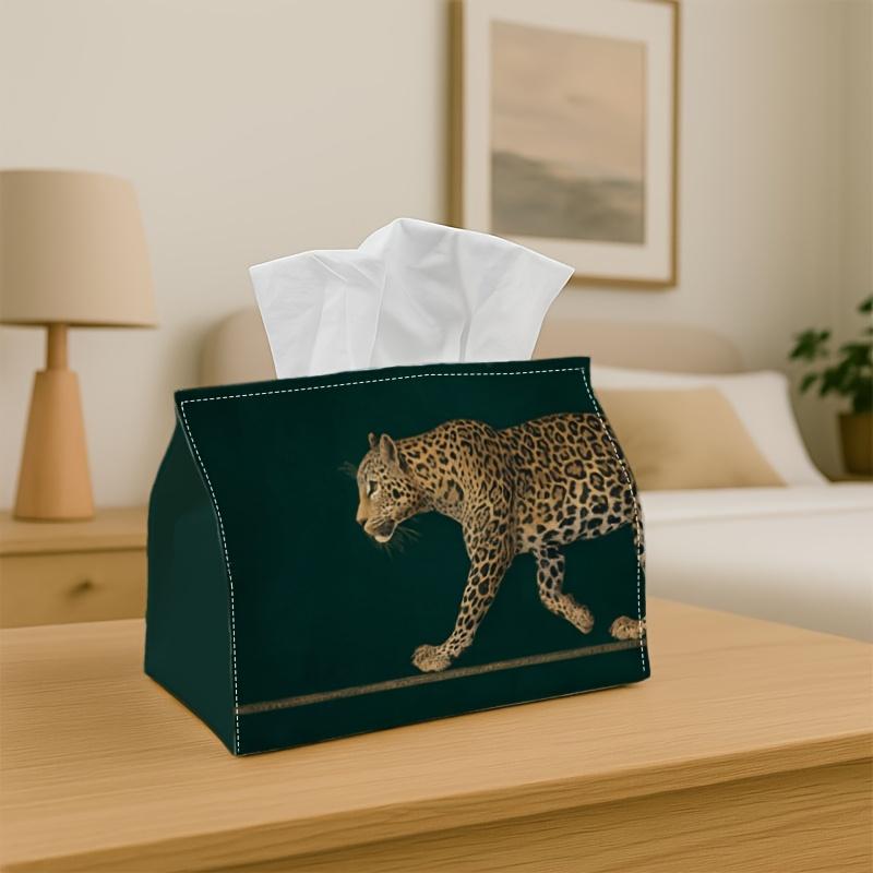 1pc Dark Green Vintage Leopard Print Tissue Box Holder, 2D Flat Artistic for JAGUAR Pattern Decorative Tissue Organizer, Stylish Home Decor for Living