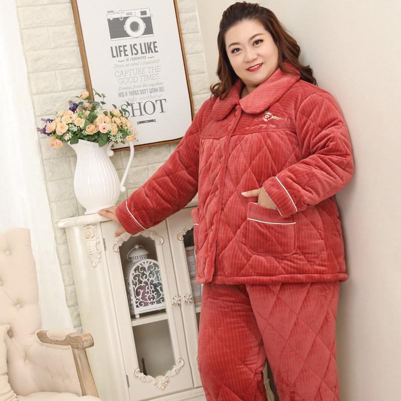 Mei Ji Yun Women's Plus Size Quilted Flannel Pajama Set - Cozy Three-Layer Design for Home Wear