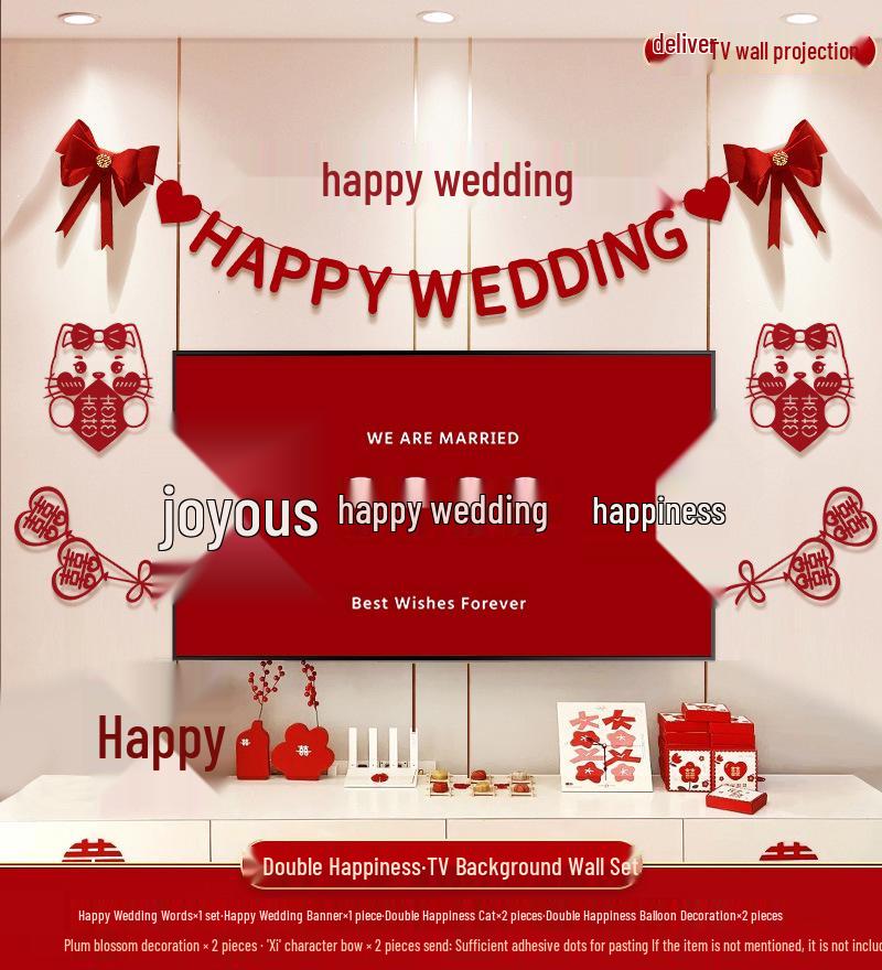 Wedding TV Background Wall Decoration - Double Happiness Bedroom Set