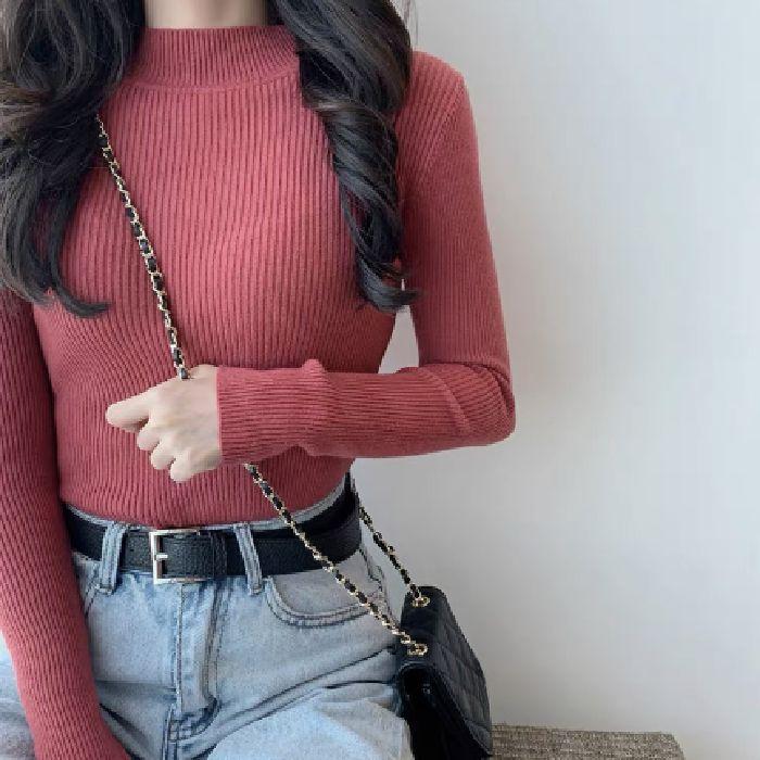 For Autumn and Winter, Wear A Fitted Long-sleeved Semi-high-neck Knitted Sweater As A Student Top