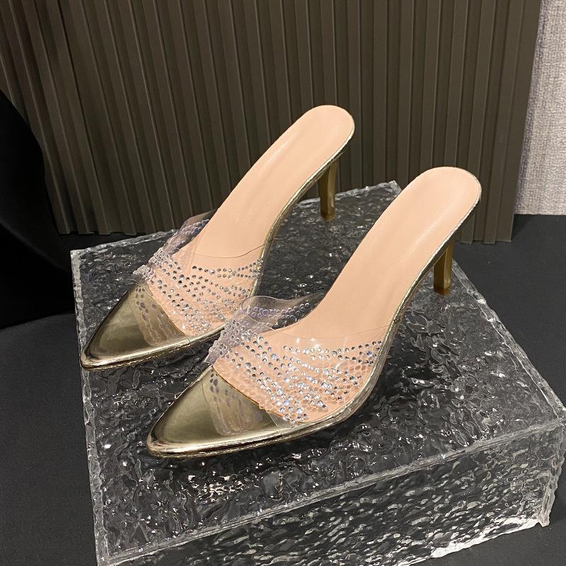 Transparent rhinestone thin heel sandals 2025 new large size European and American spring and summer new solid color pointed high heel slippers women