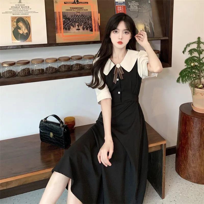 Robe ajustée grande taille style rétro français à col poupée avec jupe patchwork