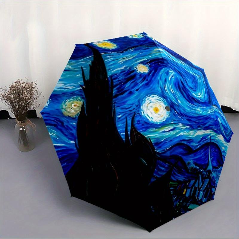 Starry Night Van Gogh-Inspired Automatic Folding Umbrella - Windproof & -Protective, 8-Rib Design, Portable for Commuting & Ou