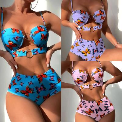 2024 sommer Neue Druck Geschnallt Bademode Frauen Sexy Hohe Taille Push-Up Bikini Hohl Backless Badeanzug Strand Weibliche Badeanzug