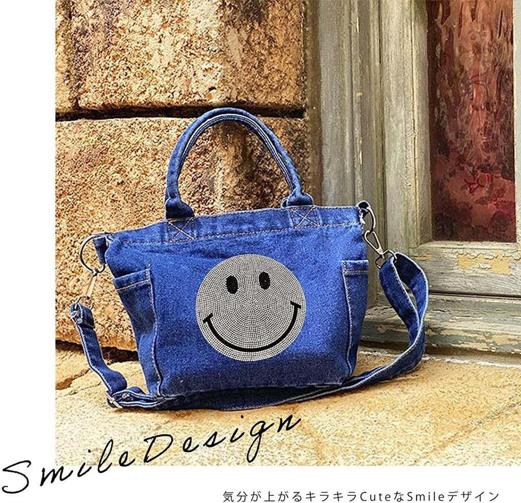 DIVA Rose Women's 2-Way Denim Tote Bag, Shoulder Bag, Small Mini Bag, Sparkling Smile Design (Light Blue)