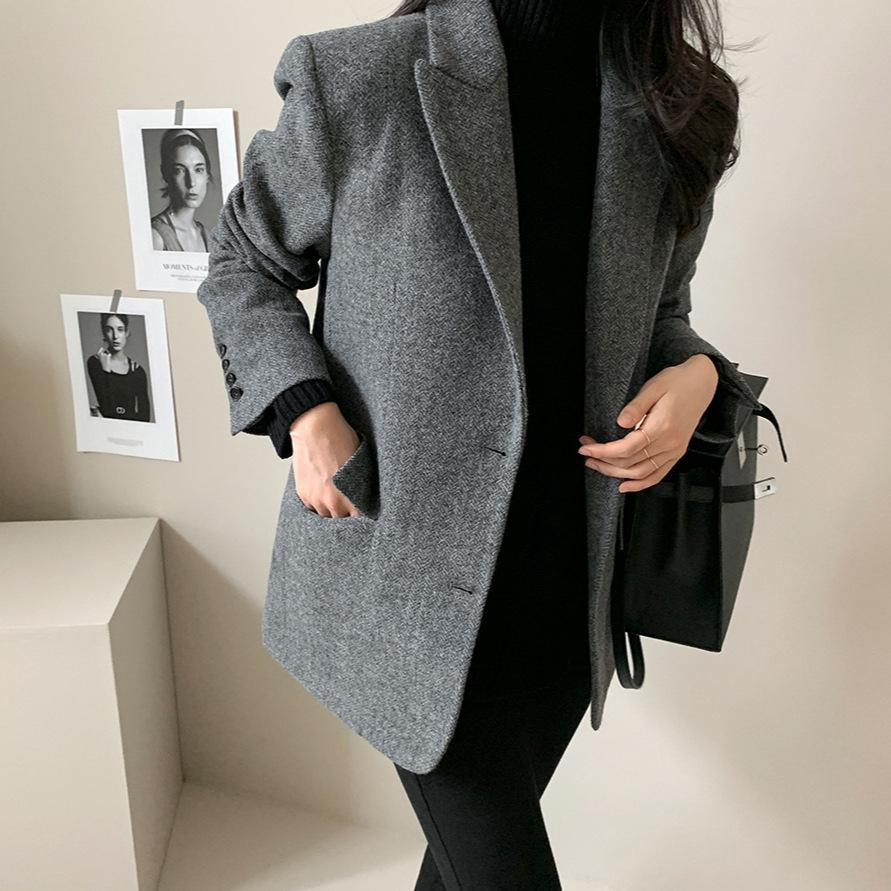 2025 Autumn Women's Versatile Wool Blend Jacket - Solid Color, Dongdaemun Korea