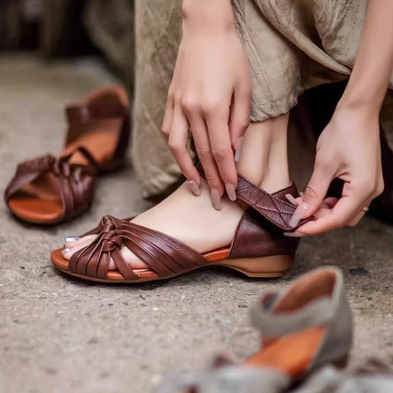 Fashion Hand-woven Flat Women's Shoes Summer New Retro Peeping Toe Women's Sandals Real Leather Low Heel Sandals Zapatos De Mujer
