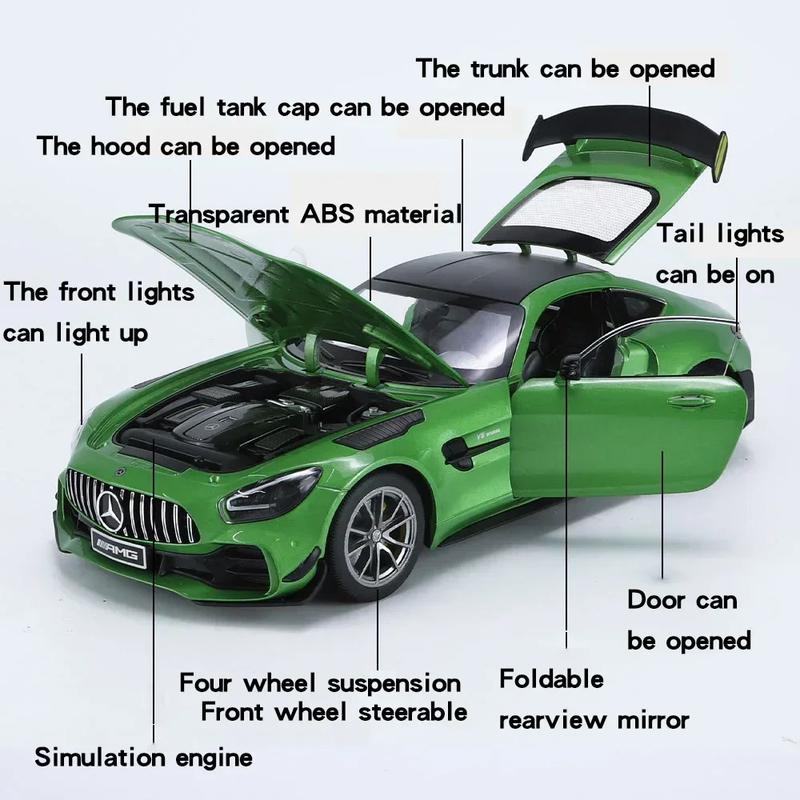 Velký 1:18 Mercedes-Benz AMG GTR model auta Kovové tlakově lité vozidlo Sběratelské hobby zvuková a světelná stahovací miniaturní hračka pro chlapce, děti dárek