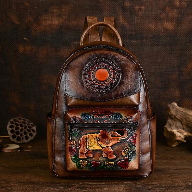 Johnature Mochila de couro feminina retrô com estampa de elefante, estampa de grande capacidade, bolsas de viagem para lazer