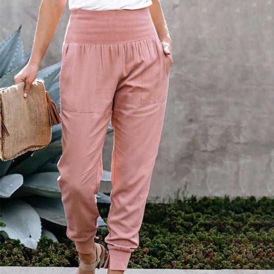 Women Pants Solid Color Ankle Tied Autumn Winter Elastic Waist Side Pockets Trousers Streetwear