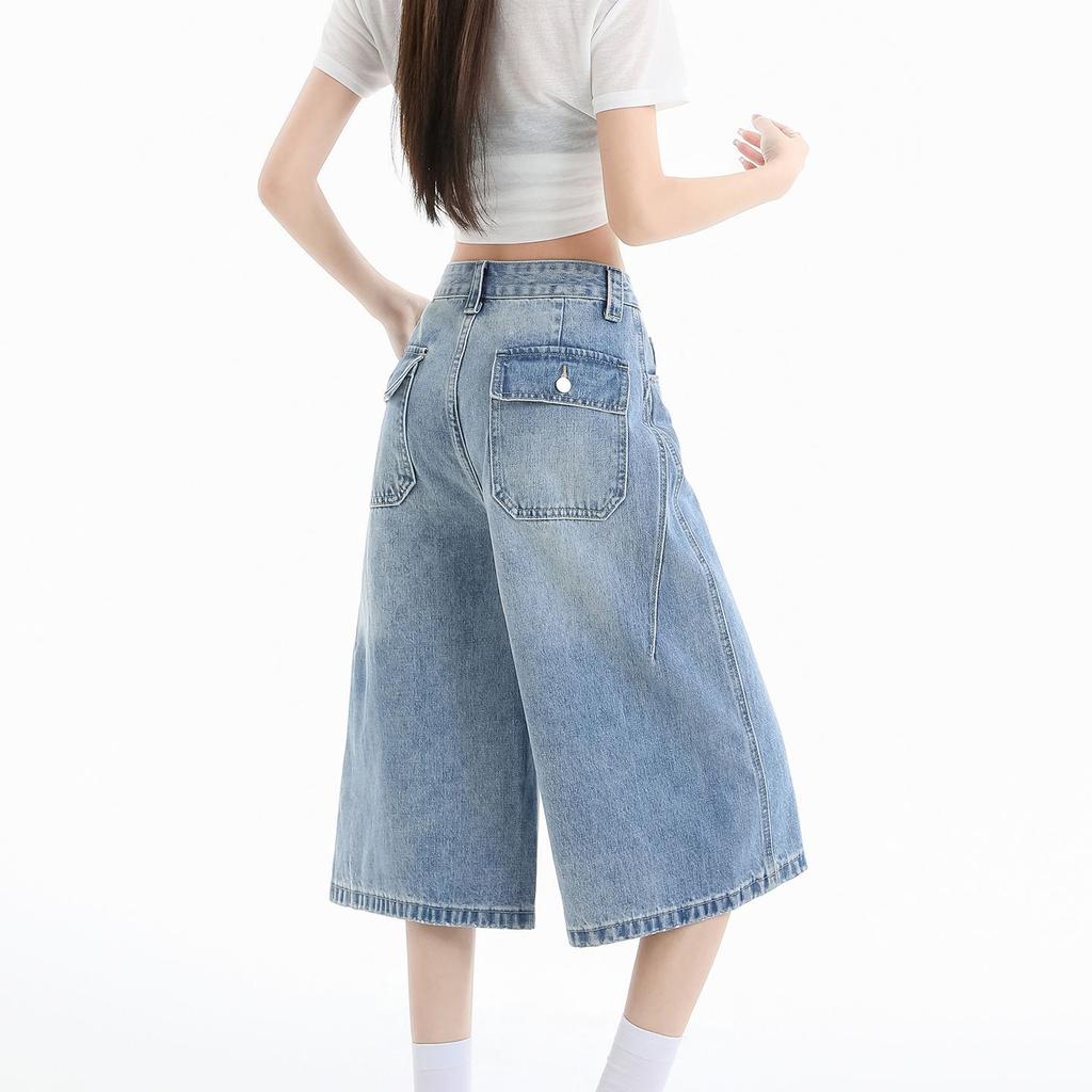 Modische Petite-freundliche gerade Denim-Capri-Hose für Damen Sommer Locker Weiter Bein High Street Schlankmachend Vielseitig Freizeitkleidung