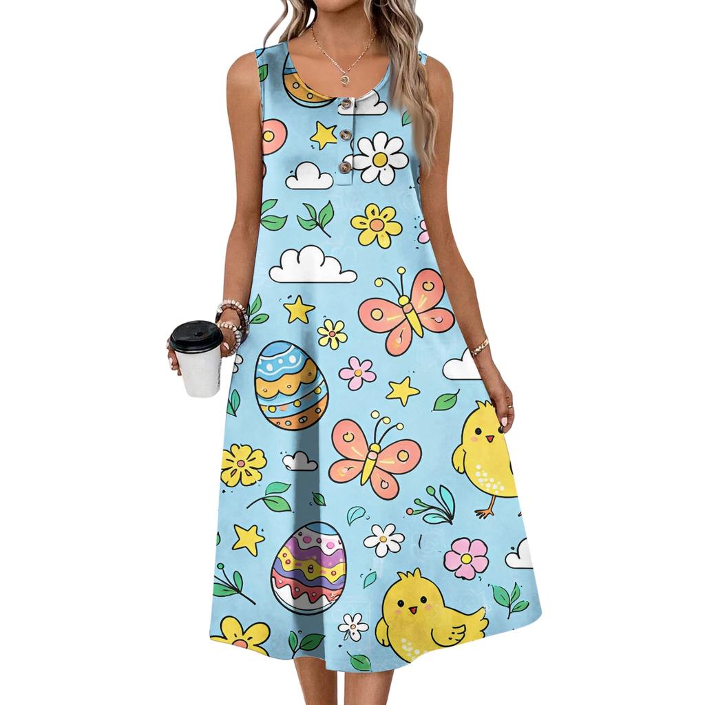 Women Fashion Casual Sleeveless Button Easter Print Dress With Pocket