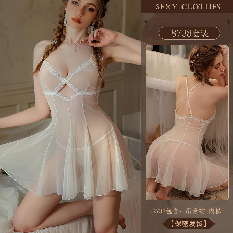 Erotic Underwear, sexy halter mesh see-through nightdress, Hot lace Seductive pajamas, no-take uniform 8738