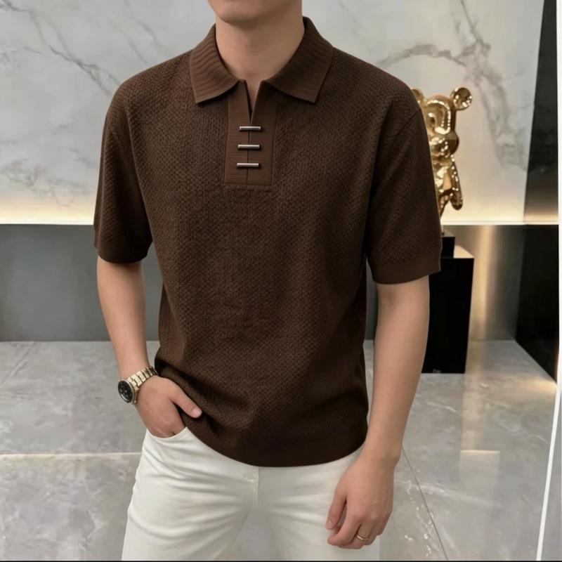Men Knitted Short Sleeve Polo Shirt Solid Color Textured Fabric Metal Buckle Detail Turn Down Collar Casual Summer Top