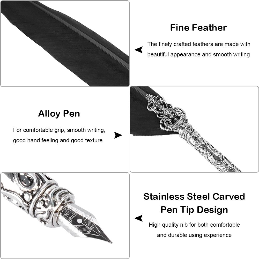 Retro Quill Feather Writing Pen Gift Box with Empty Ink Bottle Quill Set for Friends Black