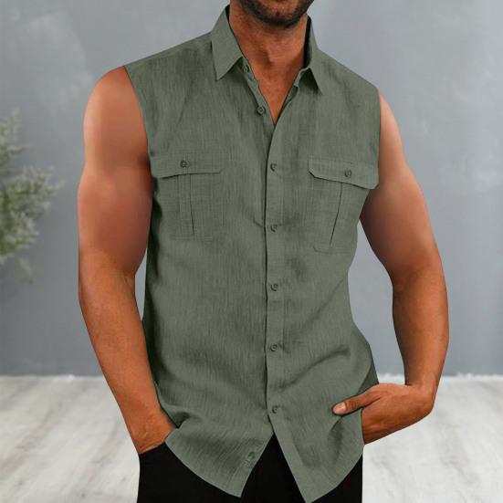Men Summer Top Sleeveless Solid Color Single-breasted Patch Pockets Mid Length Match Pants Cardigan Lapel Men Summer Vest Men Clothes