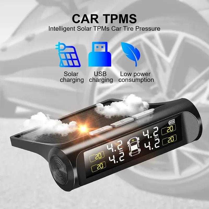 TPMS Tyre Pressure Monitoring System Solar Power LCD Display with 4 Internal/External Sensor  Waterproof Temperature Warning