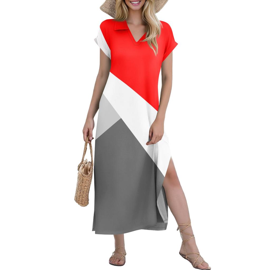 Women's Casual Comfortable V Neck Loose Hem Split Vacation Short Sleeve Geometric Long Dresses