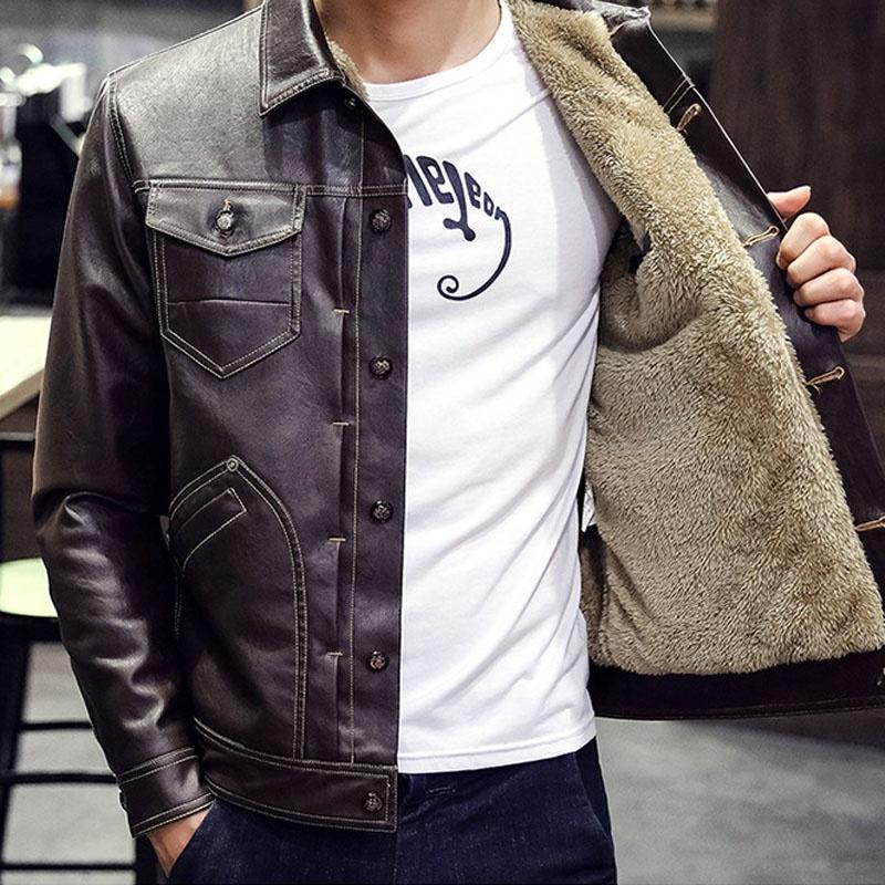 Zimowa kurtka męska Lapel Velvet Coat Gruba kieszonka Pu skórzana kurtka Odzież skórzana z motocykla