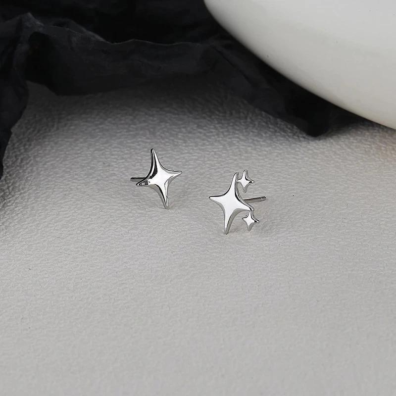 New Silver Needle Asymmetric Four-pointed Star Earrings for Women Super Fairy Stud Earring Simple Silver Color Jewelry