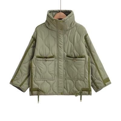 Women's Fashion Autumn Winter Quilted Padded Jacket Women Vintage Stand Neck Pocket Zipper Casual Female Outerwear