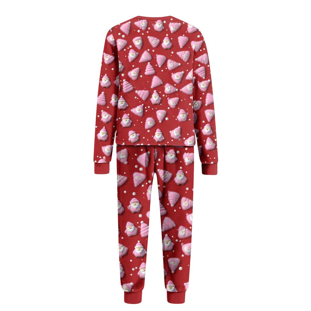 Pasujący Rodzinny Świąteczny Zestaw Domowy Flanelowy z Nadrukiem Długi Rękaw i Spodnie