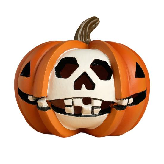 Halloween Pumpkin Statue Spooky Skull Pumpkin Sculpture Resin Tabletop Ornament for Dining Table Living Room Office Shelf Decor