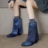 Cowboy Western Boots Women's Denim Mid Calf Boots Turndown Split Chunky Heels Shoes Slip on 2024 Autumn Winter Footwear
