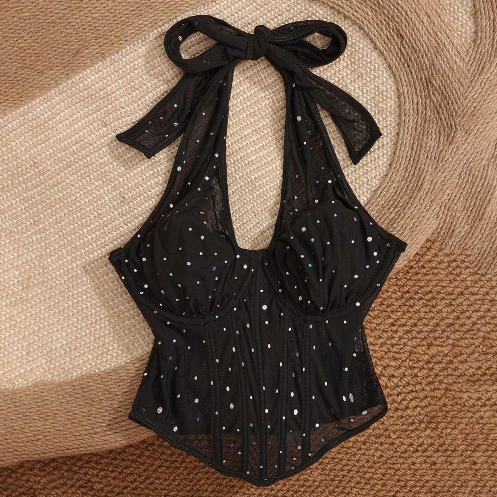 Slim Fit Rhinestone Corset Sleeveless Neck Halter Crop Top Elegant Mesh Crystal Camisole  Party
