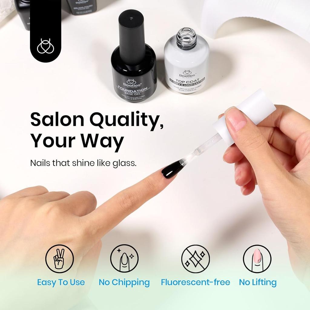 Beetles 15ml Gel Base Top Coat Set For Gel Nail Polish No Superb Shine Top Coat No Lamp Essential for Manicures Christmas Kit 2-Pack & - - Wipe-Off,