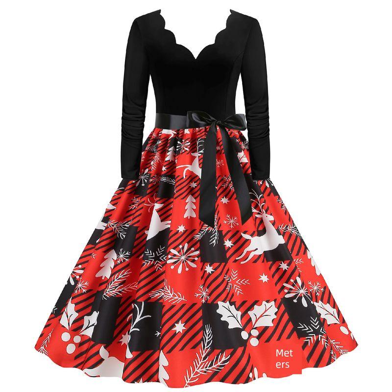 European and American Retro Autumn Burning Flowers V-neck Slim Fit A Word Snowflake Elk Christmas Mid-Length Long Sleeve Dress Formal Dress