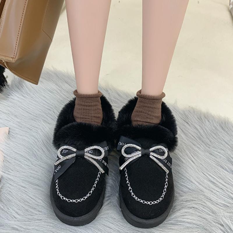 Damen Baumwollschuhe Herbst Winter Schleife Runde Zehenpartie Warm Flache Sohle Große Damenschuhe Plüschschuhe