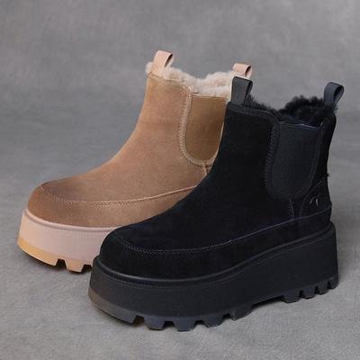 Damen 2024 Winter Plateau Schneestiefel: Dicker Samt, Bequem, Kurz, Lässig, Baumwolle, Rindsleder