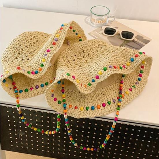 Women Straw Hat Wide Brim Breathable Straw Weaving Hat with Colorful Beads Decor Flexible Edges Sun Hat