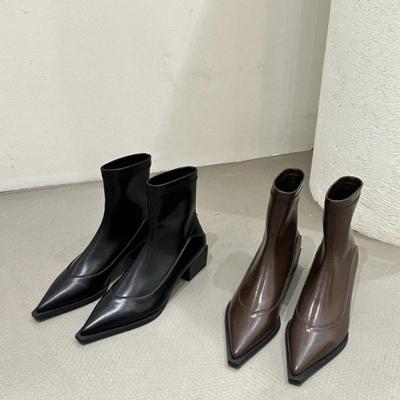 Mode Damen Spitzzehen Klobiger Mittelhoher Absatz Mode Stiefel Mode Kurze Stiefel Damen Ärmel Hundert Damenstiefel