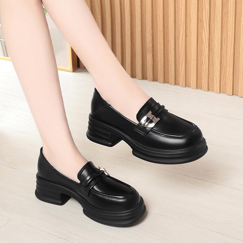 Casual Leather Shoes Spring and Autumn Women's Single Shoes Thick Heel Thick Bottom Round Toe Loafers