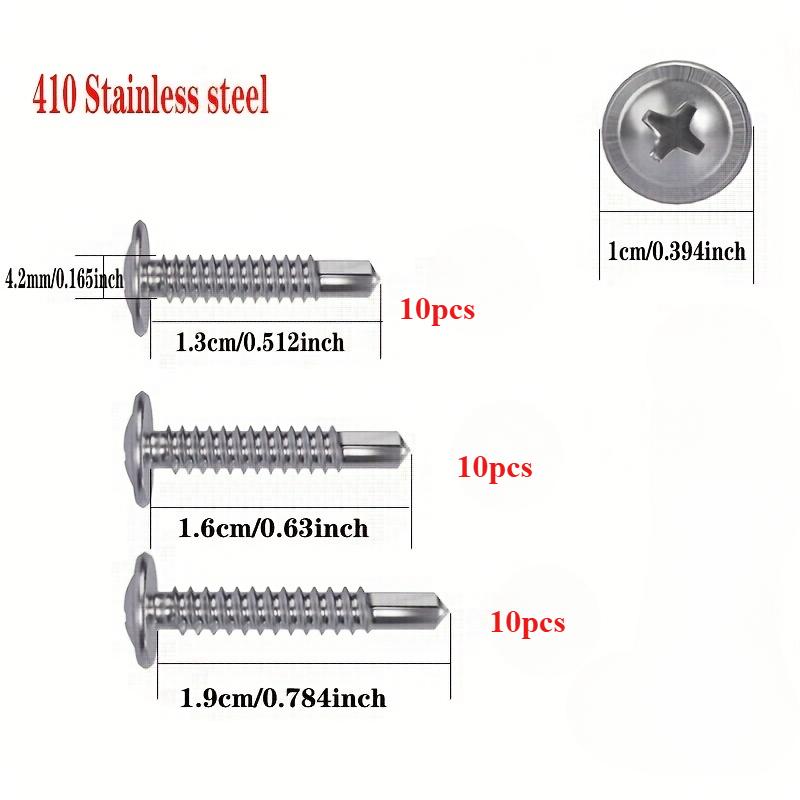 

30 шт. самосверлящих винтов из нержавеющей стали 410 с большой плоской головкой, крестовые саморезы по металлу с большой плоской головкой, доступны в трех длинах: 1.3cm