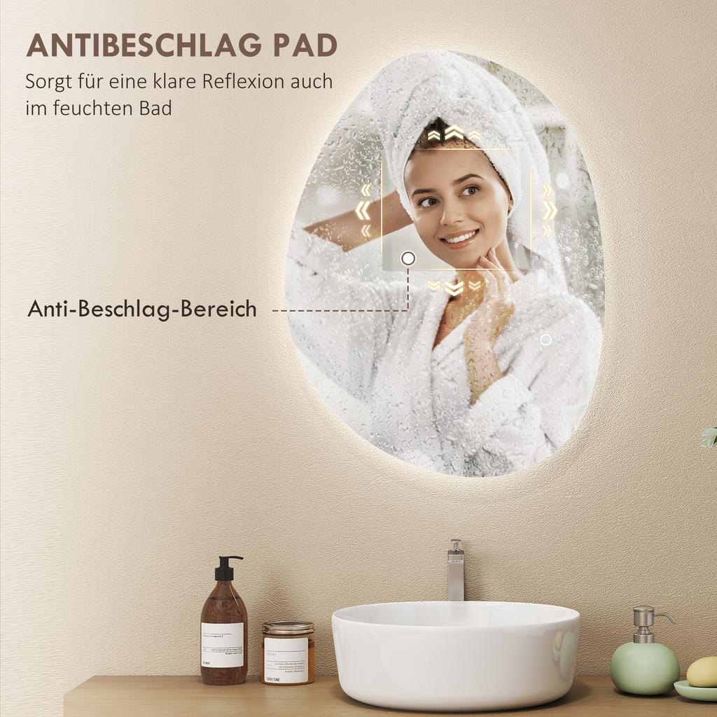 70 x 50 cm Asymmetrical Bathroom Mirror with LED Light, Smart Touch Switch, Anti-Fog Function, Silver