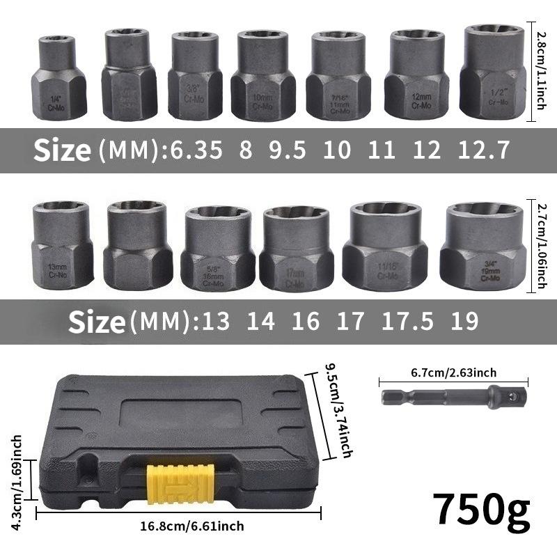 14pcs Bolt Extractor Socket Set,Damaged Nut Remover Kit, 1/4" To 3/8" Drive, for Stripped/Rusted Bolts Removal Anti Tooth Sleeve
