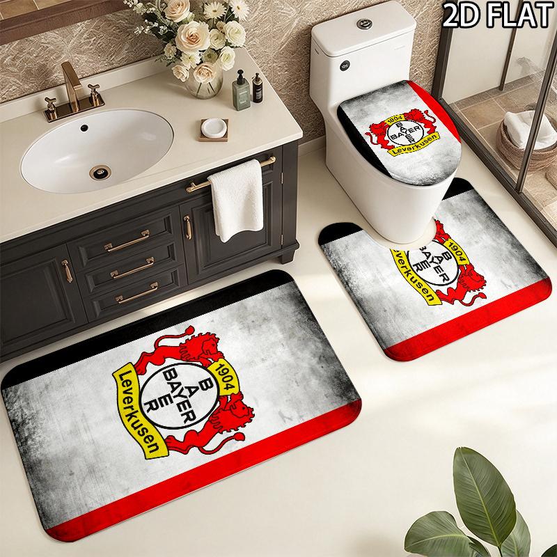 Bayer 04 Leverkusen Pattern 3Pcs Bathroom Rug Set, Non Slip Absorbent Bath Mat, Contour Mat & Toilet Lid Cover, Bathroom Decor
