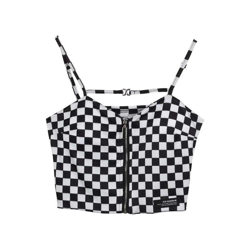 

Женский укороченный топ на бретельках в клетку с застежкой-молнией и открытым пупком One Size