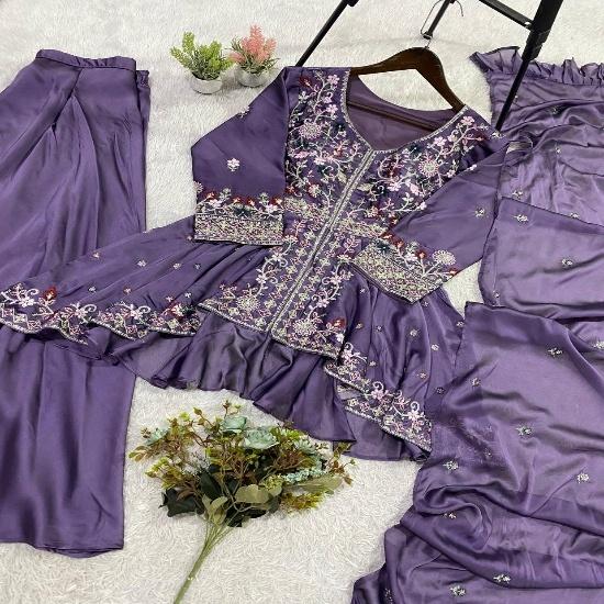 Vibrant Flora Embroidered Peplum & Sharara Suit Set