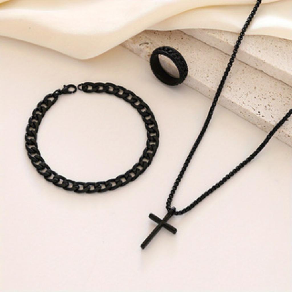 4-piece Retro Men's Fashion Accessories Set, with Cross Necklace, Ring and Bracelet Chain, Suitable for All Occasions.