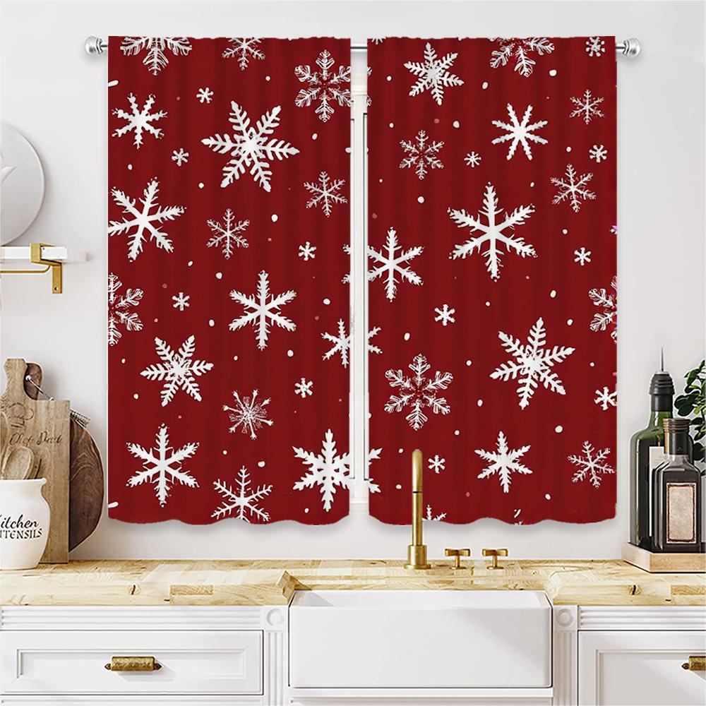Piece Set High Definition Digital Printed Curtainred Background White Snowflakes Curtain Stylehome Decorati With Rod Pocket Polyester