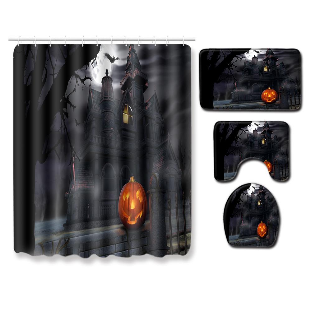 Halloween Series Bathroom Shower Curtain Floor Mat Toilet Cover Foot Mat Four-Piece Pattern Size