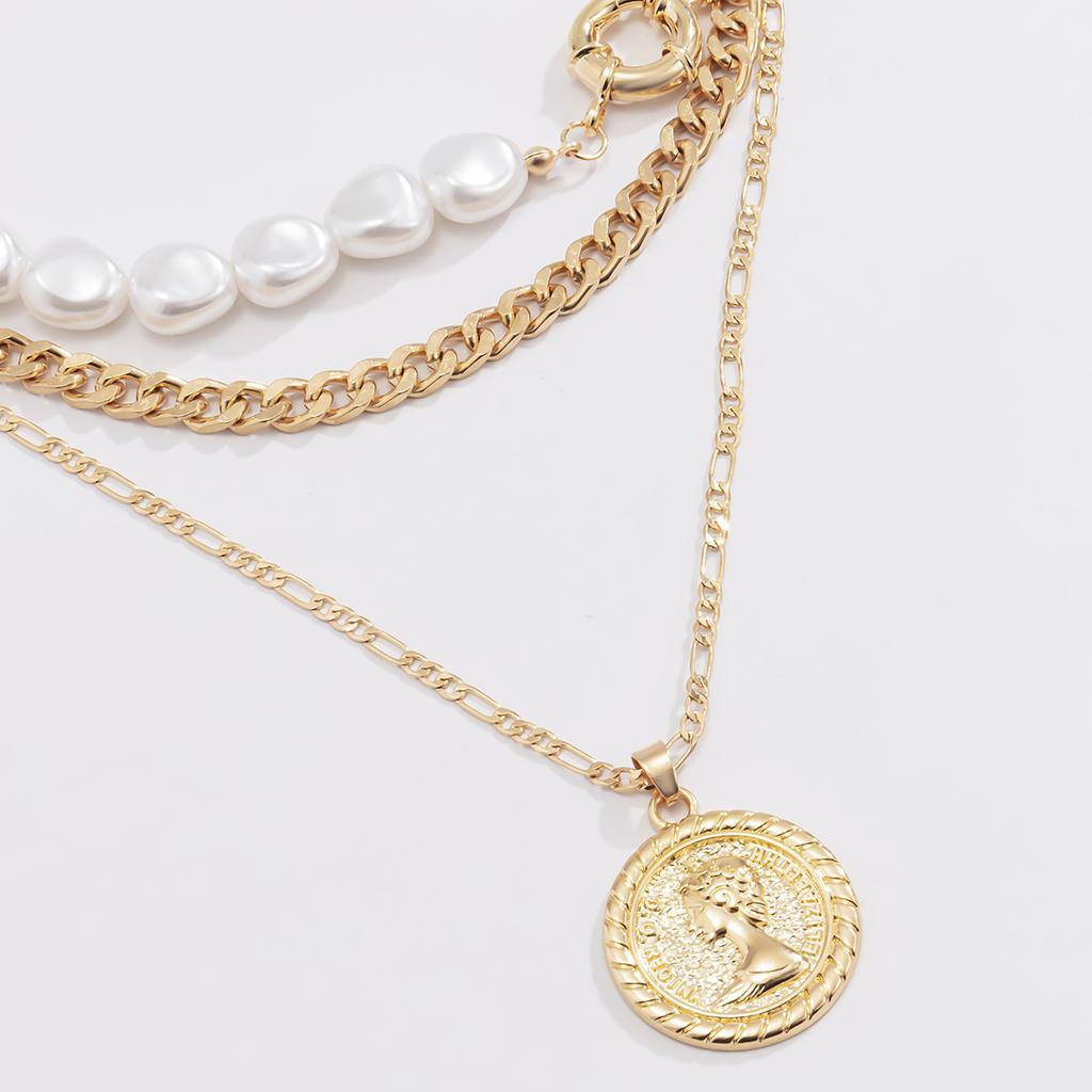 3Pcs/Set Goth Baroque Imitation Pearl Coin Portrait Pendant Choker Necklace for Women Vintage Link Chain Aesthetic Wed Jewelry