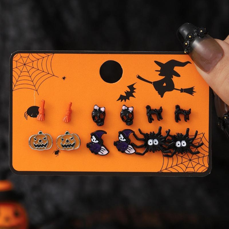 Hot Sale Halloween Stud Earrings Combination Cartoon Funny Pumpkin Head Ghost Bat Element Stud Earrings Set